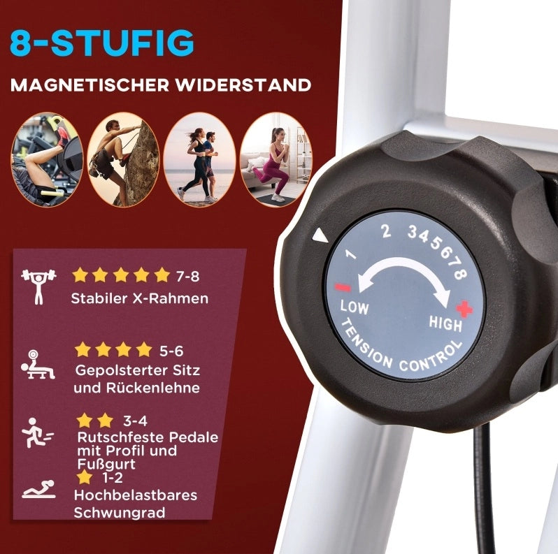 Cyclette pieghevole ULEVR in acciaio, 8 livelli di resistenza, sedile regolabile, schienale regolabile, display LCD, rossa