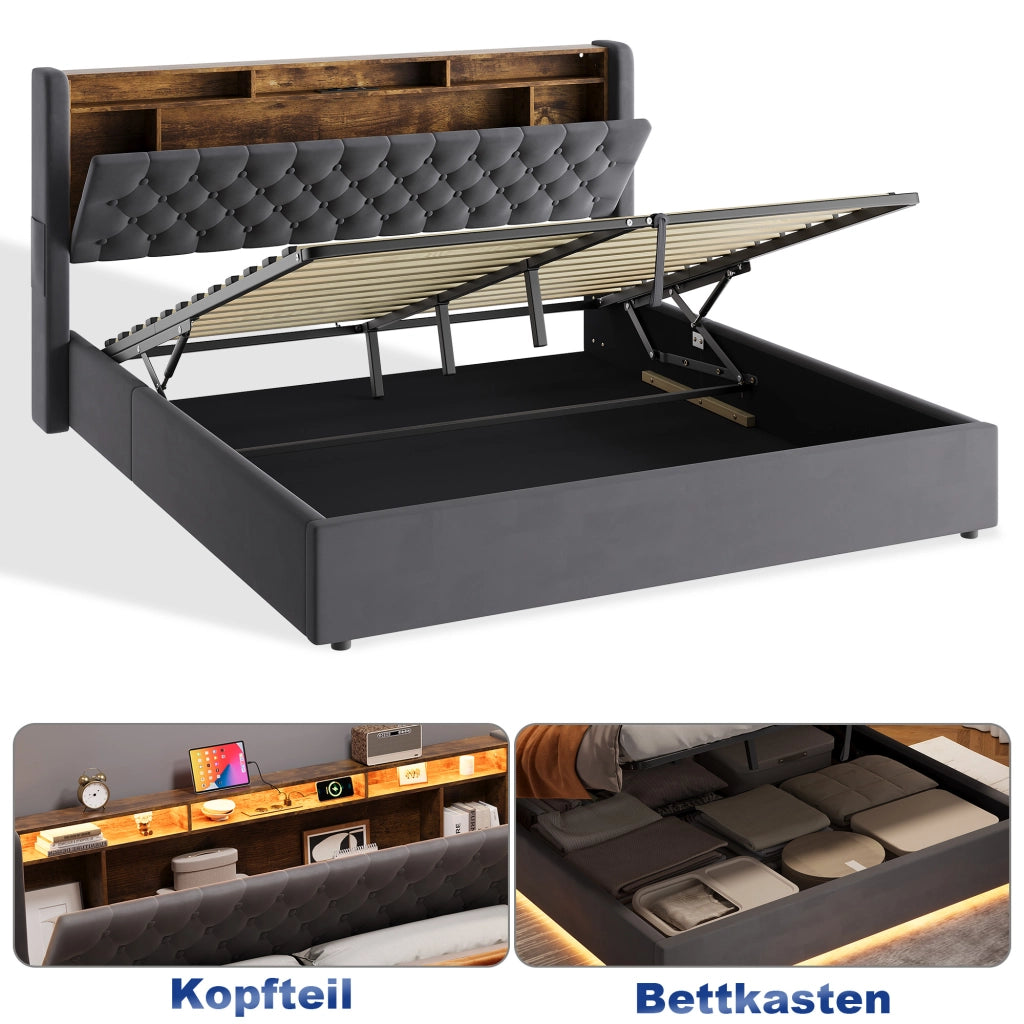 Letto contenitore matrimoniale 180x200 cm;LED;vano contenitore;presa elettrica;testiera reclinabile;base imbottita;grigio scuro;materasso escluso