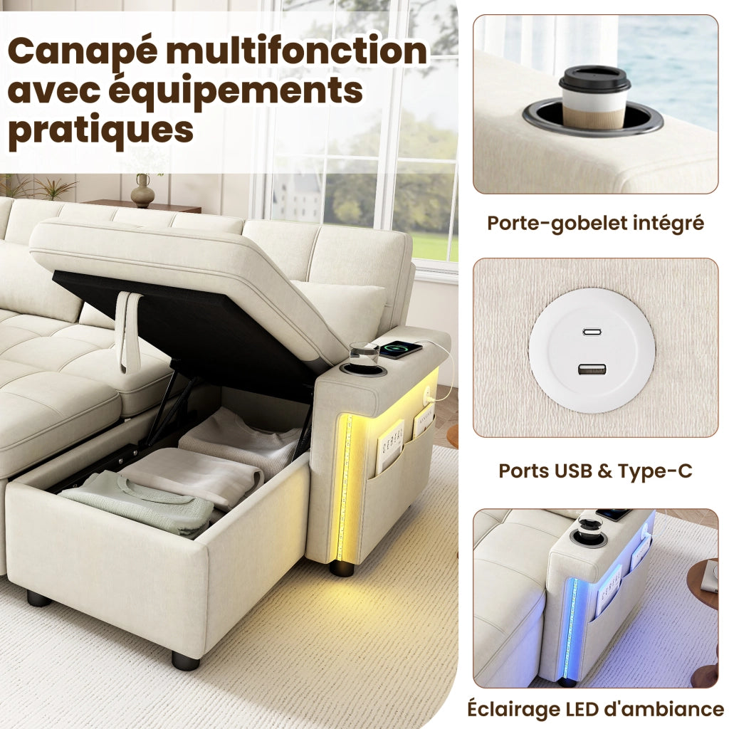 Divano angolare convertibile a U 268;5x141;5x90 cm; divano letto con 2 chaise longue di contenitore; LED; USB e Type-C; ciniglia; beige
