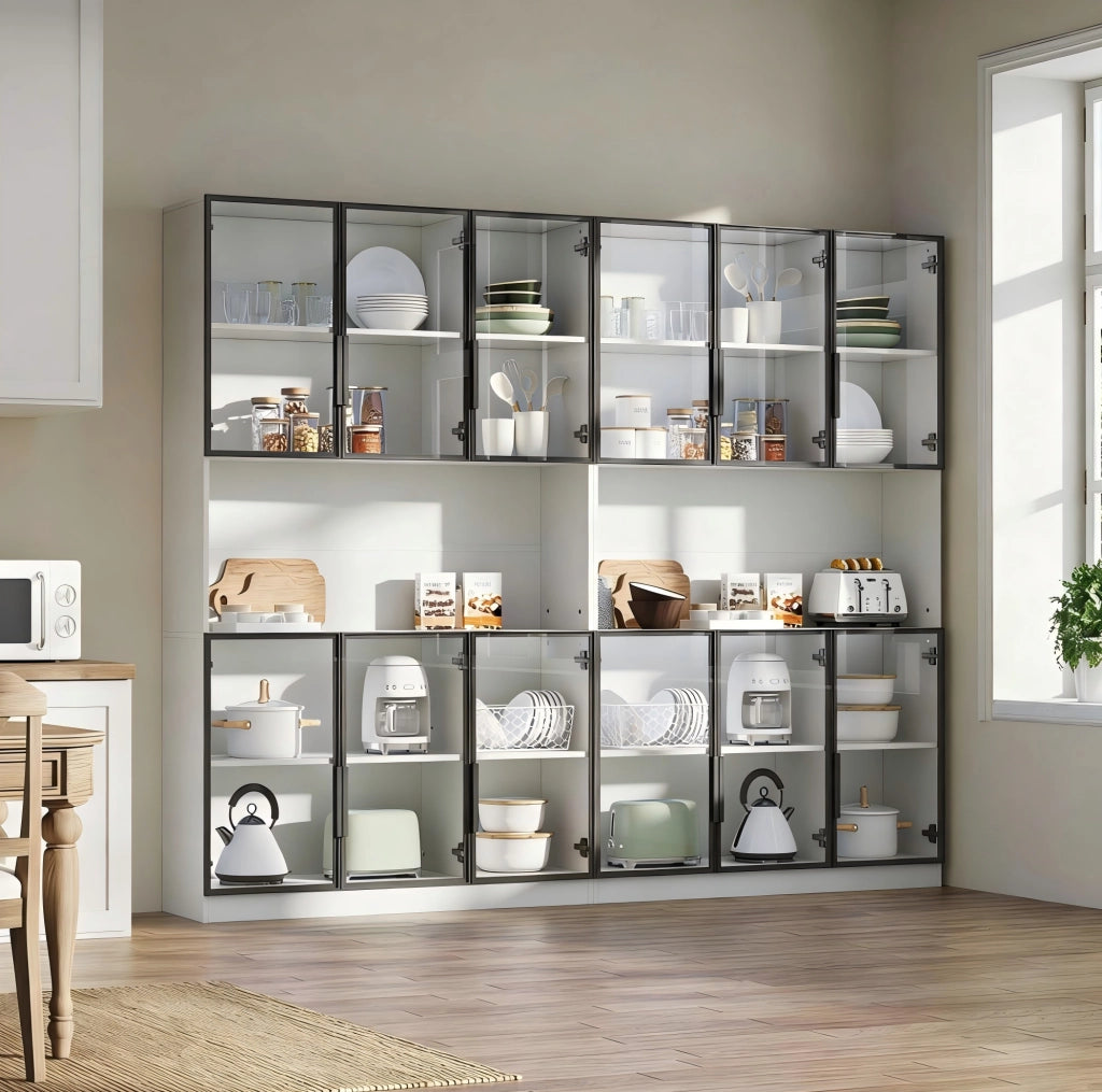 Vetrina bianca in MDF con 12 ante in vetro, illuminazione LED controllabile via app, 240x34x200 cm