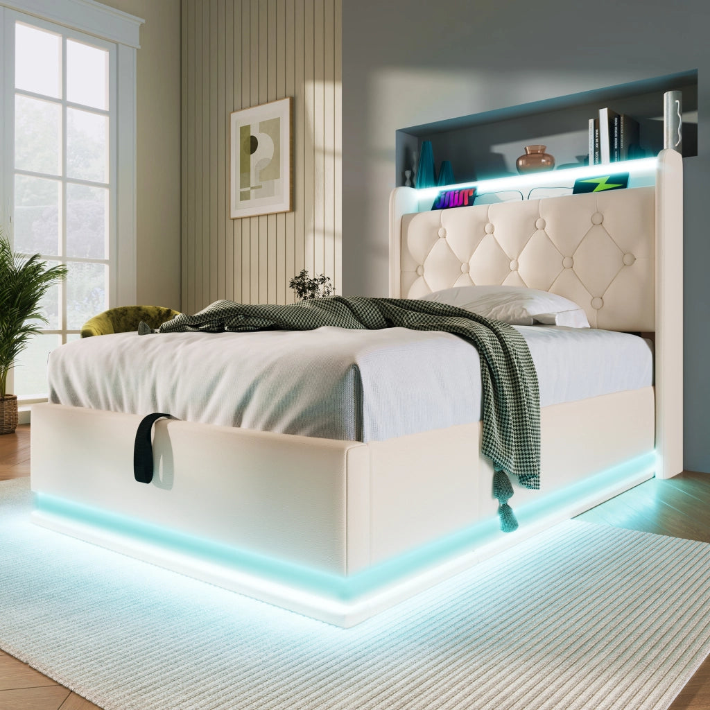 Letto singolo contenitore 90 × 200 cm con materasso LED a 360 gradi PU bianco USB e Type C