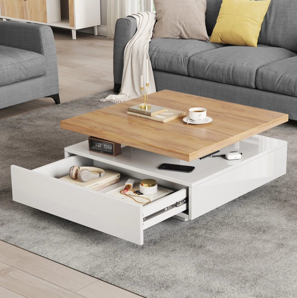 Tavolino multifunzione quadrato con rotazione 360°, struttura in truciolato noce e bianco lucido, 70x70x36 cm