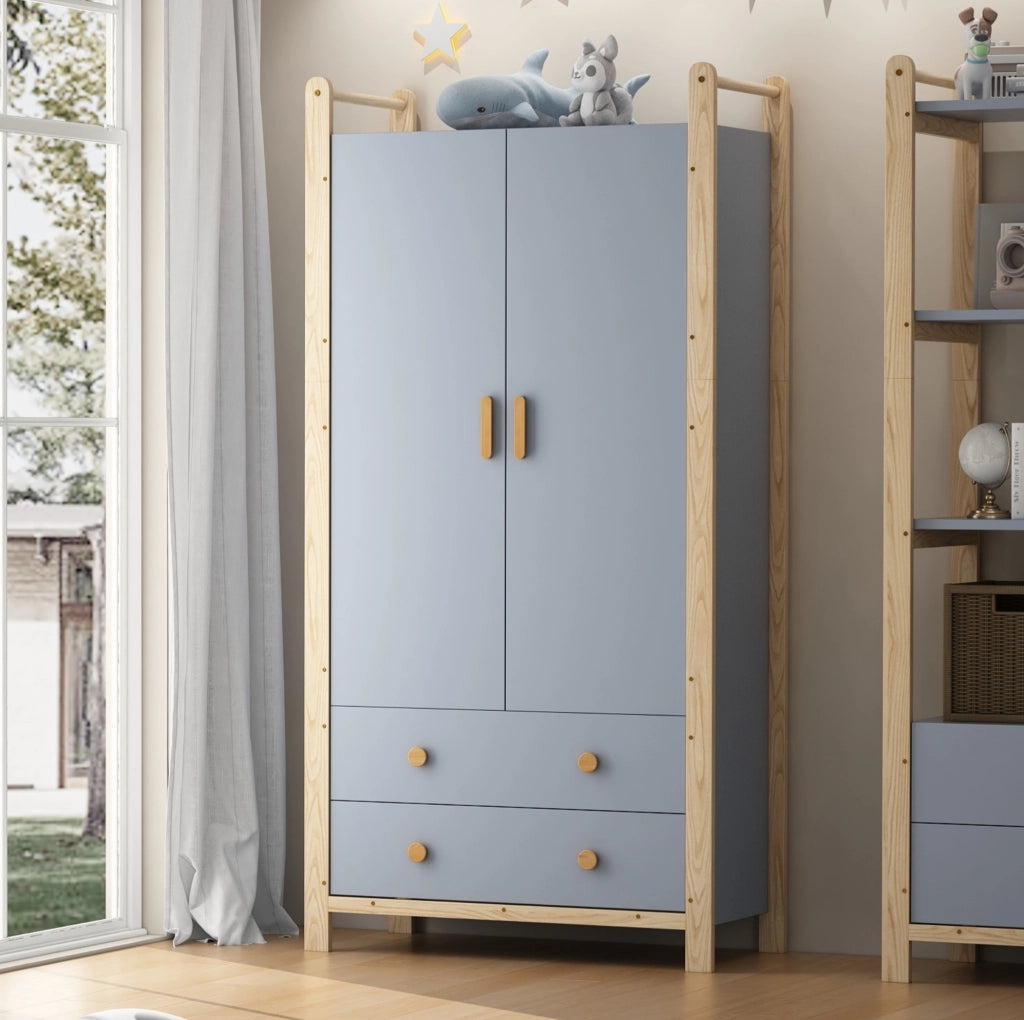 Armadio 2 ante blu con 2 cassetti e appendiabiti