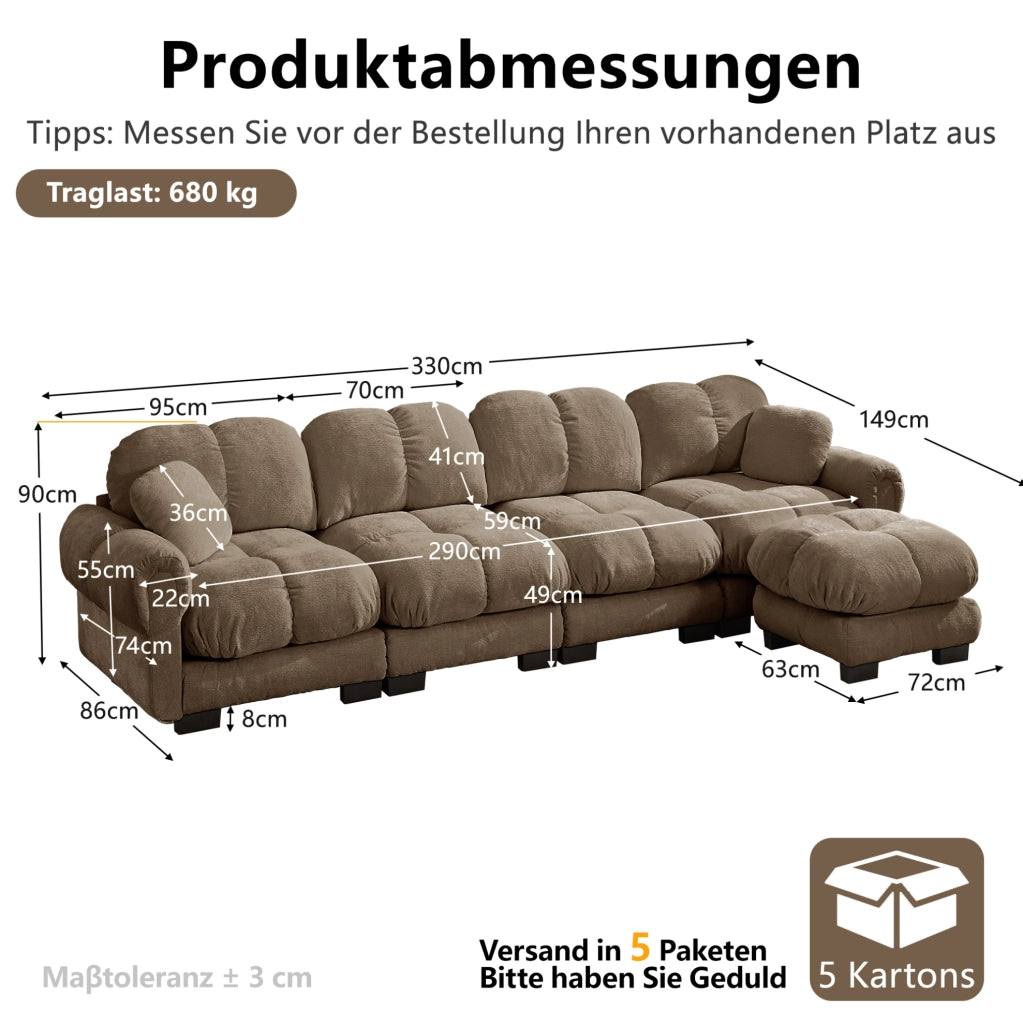 Divano modulare angolare ULEVR 330x149 cm in ciniglia marrone con pouf mobile e cuscino supplementare