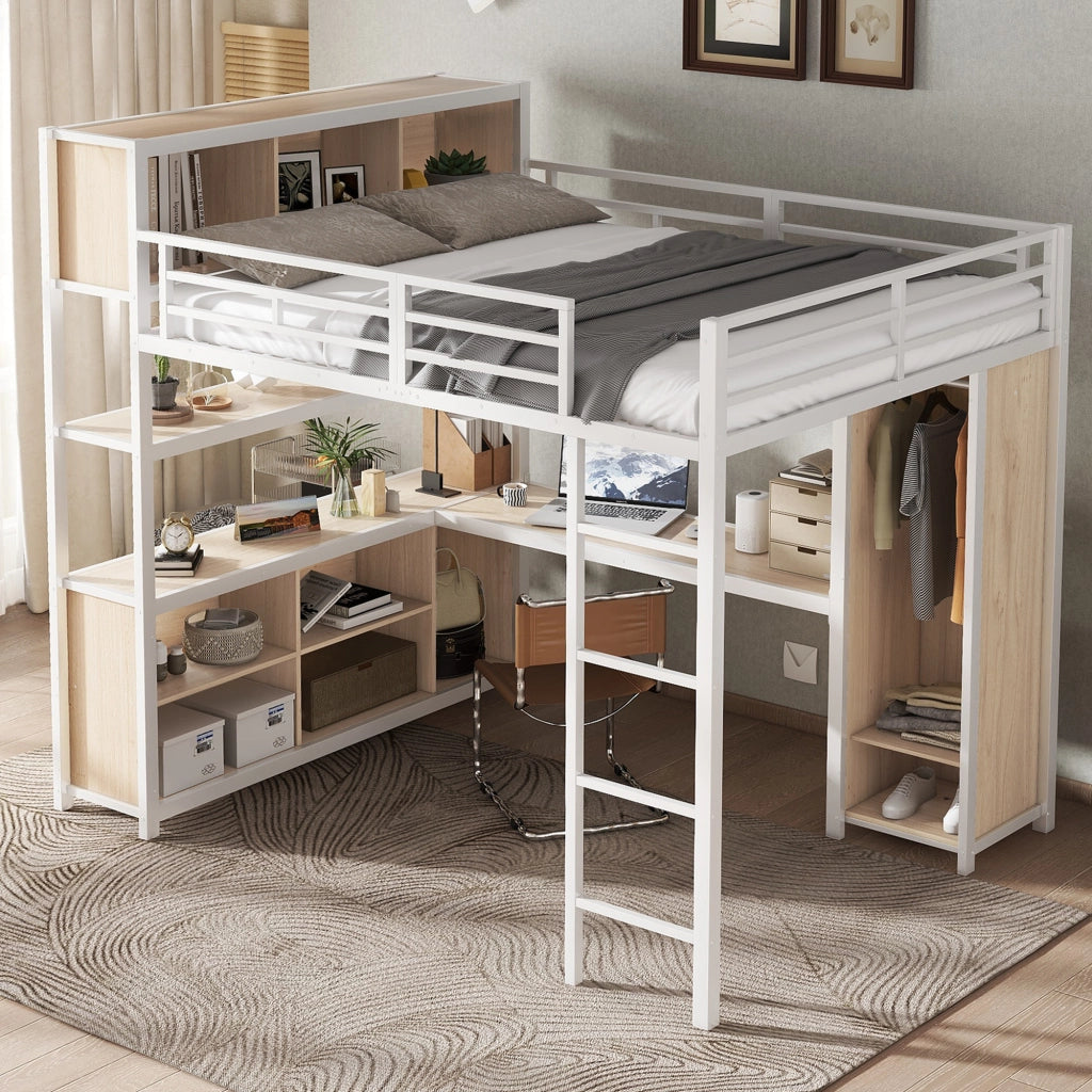 Letto a soppalco 140 × 200 cm con scrivania armadio e vani contenitore in ferro e truciolare