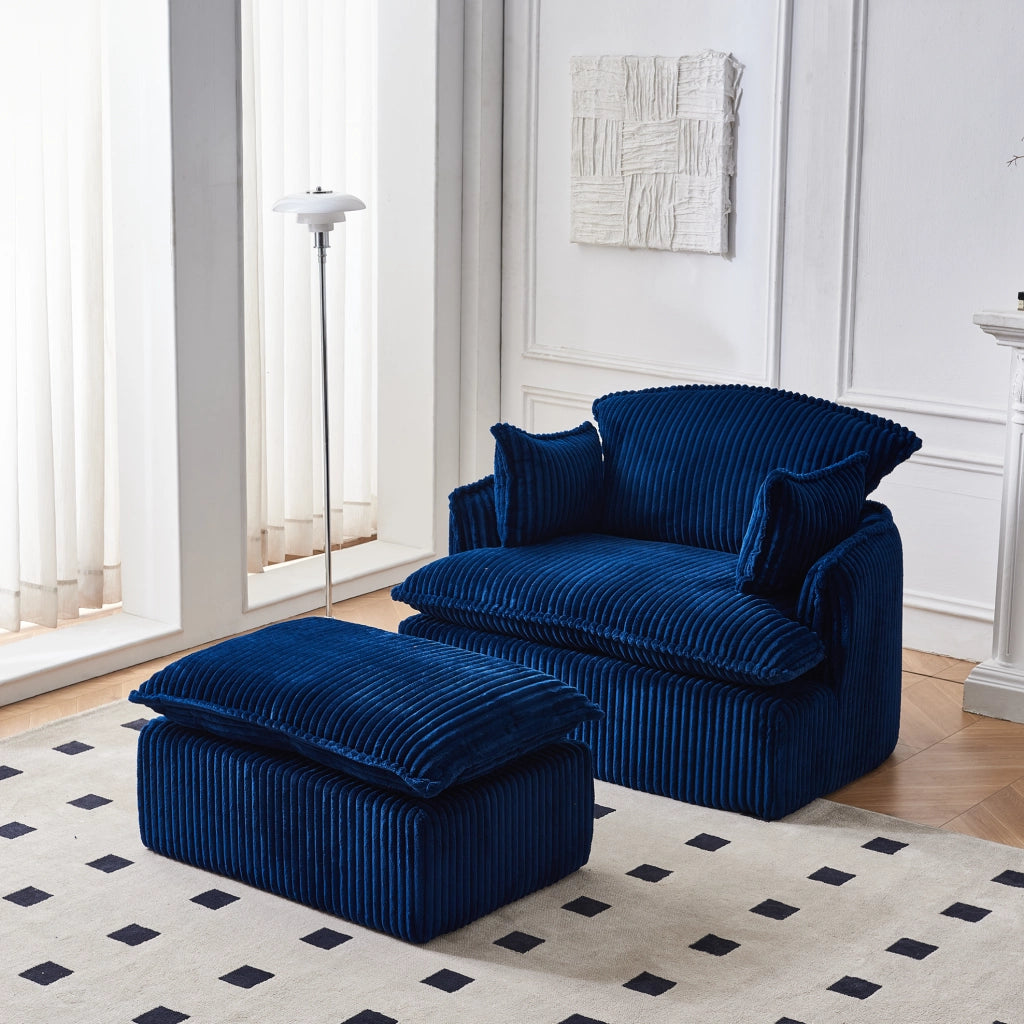 Divano compatto YEAVIO in tessuto vellutato con poltrona e pouf per piccoli spazi