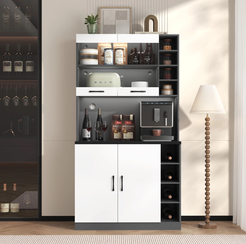 Credenza cucina 100x47x187 cm con LED, vano microonde, ante in vetro e ripiani regolabili