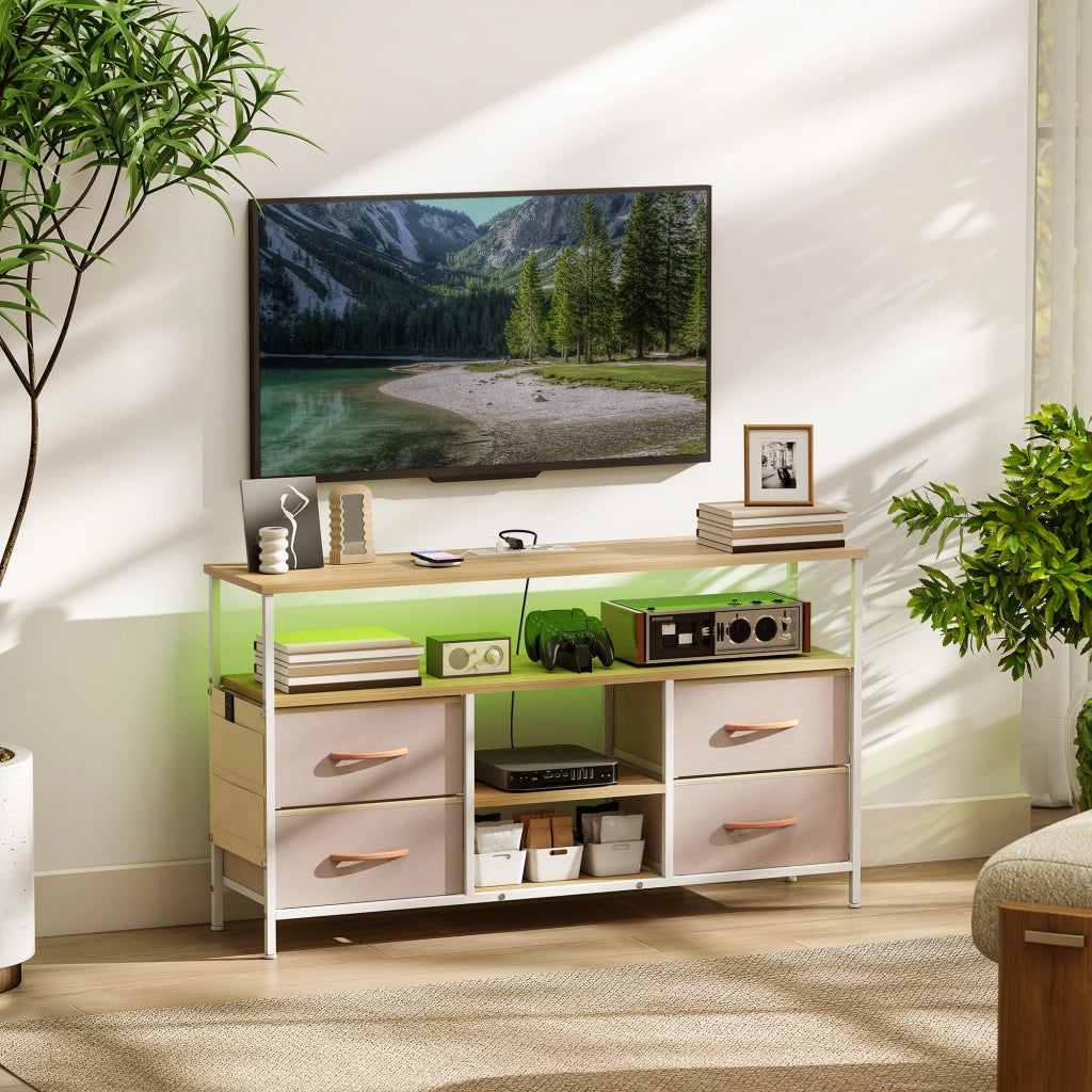 Mobile TV con Luci LED e Prese USB ¨C Minimal ¨C 120x30x67,5 cm Beige e Bianco