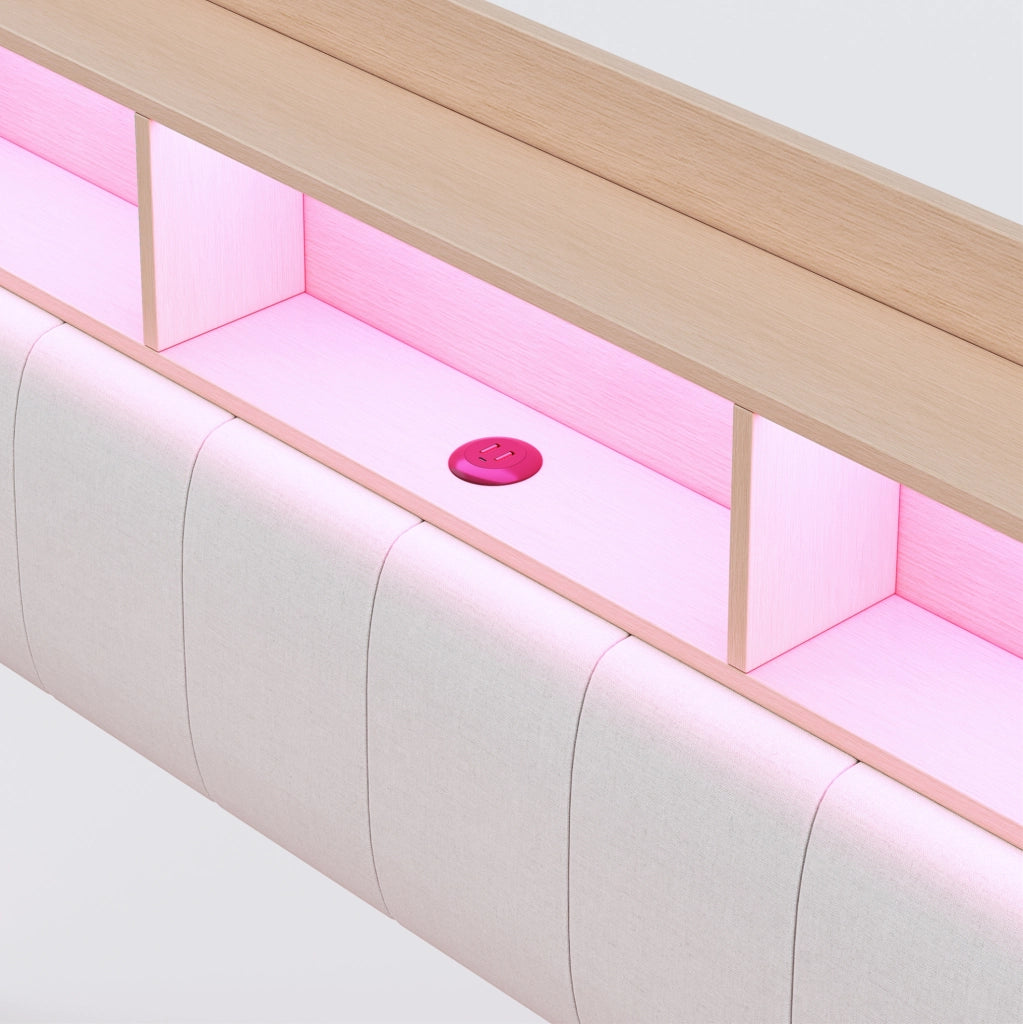 Letto imbottito sospeso 140x200 cm in tessuto di lino beige con luci LED, porte USB e Type-C, contenitore integrato