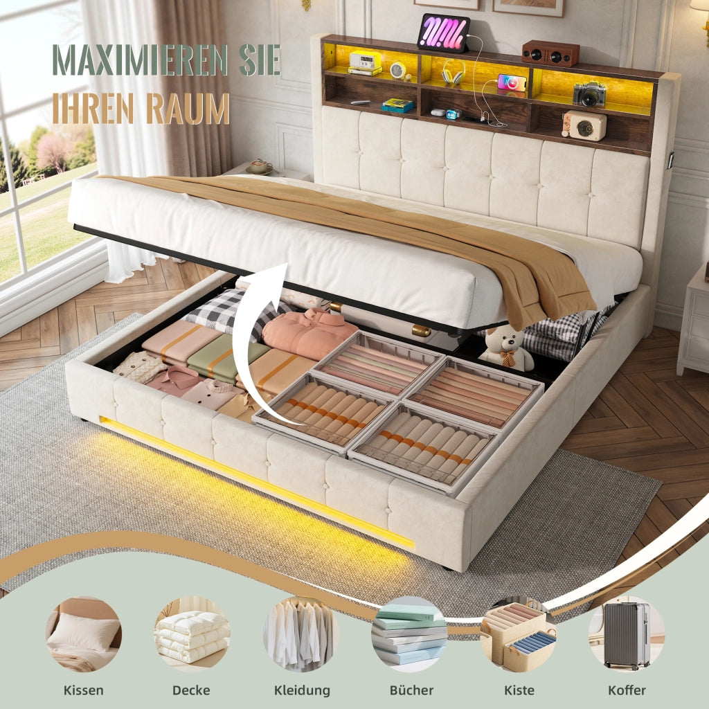 Letto imbottito 180 × 200 cm con contenitore idraulico testiera multifunzione USB-C LED velluto beige