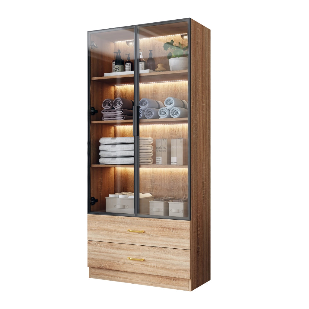 Armadio da bagno con 2 ante, 2 cassetti, ripiani aperti e anta in vetro, stile moderno, per bagno, MDF marrone