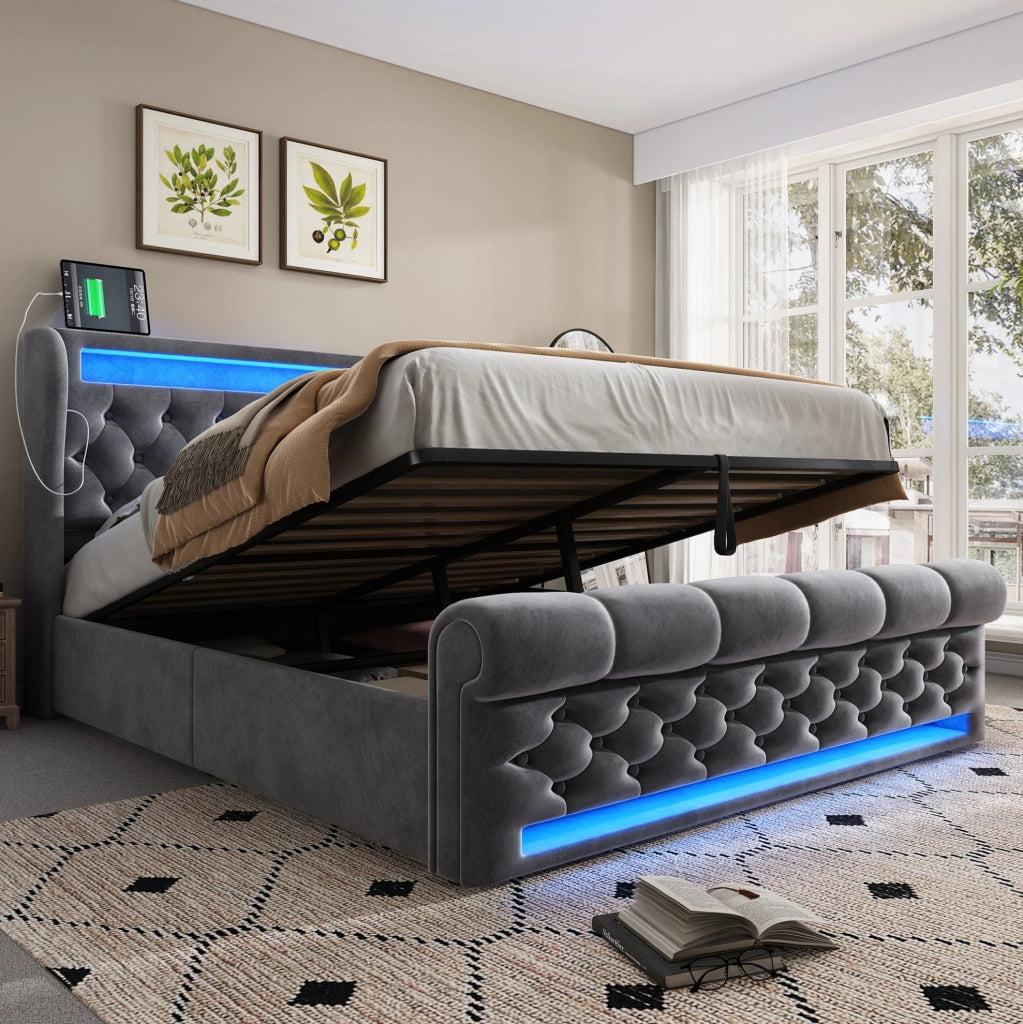 Letto matrimoniale contenitore idraulico 160 × 200 cm con LED; USB e USB-C; velluto grigio