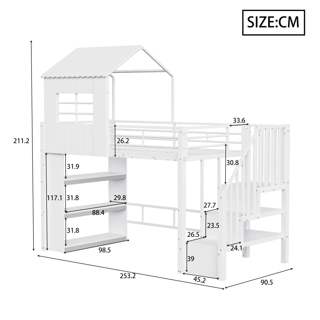 Letto a soppalco singolo 90×200 cm con scala contenitore e ripiani; senza materasso; MDF e metallo; bianco
