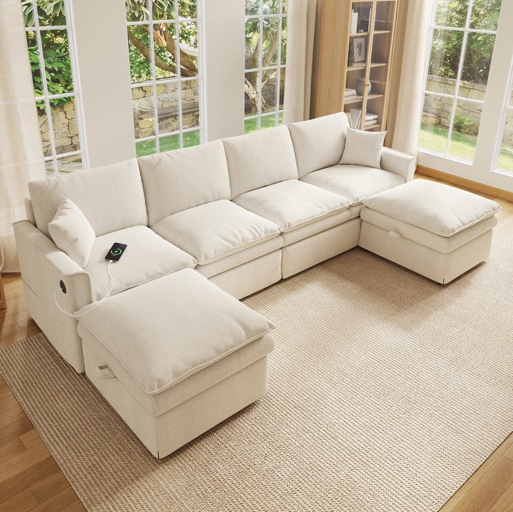 Divano modulare ad angolo a U/L 6 posti con 2 pouf contenitori, tessuto cotone-lino beige, 277×80×135 cm