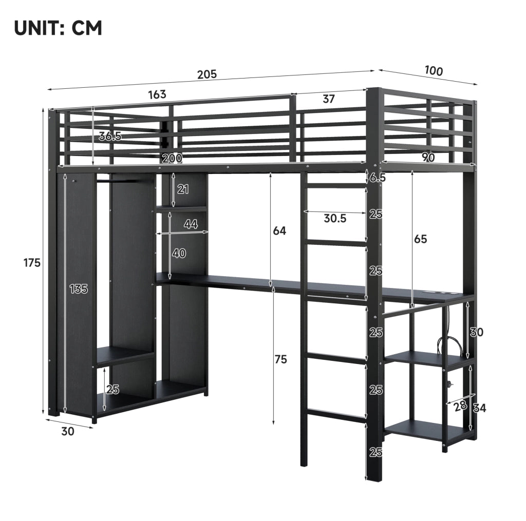 Letto a soppalco 90x200 cm nero con scrivania, LED e armadio aperto