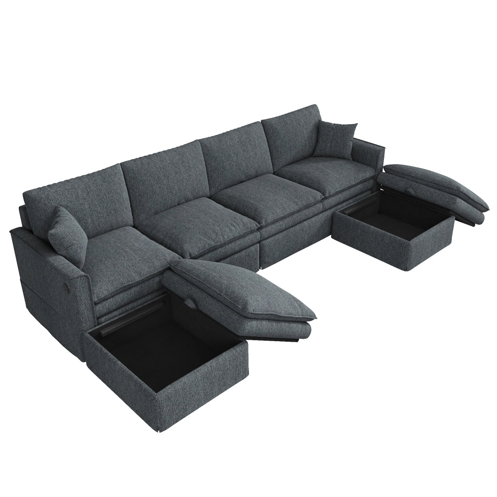 Divano modulare a U o L 6 posti con pouf contenitore, porte USB e Type-C, in cotone e lino grigio, 277×80×135 cm