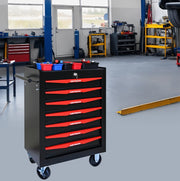 Carrello portautensili mobile a 7 cassetti in acciaio nero e rosso con serratura HOMVRA