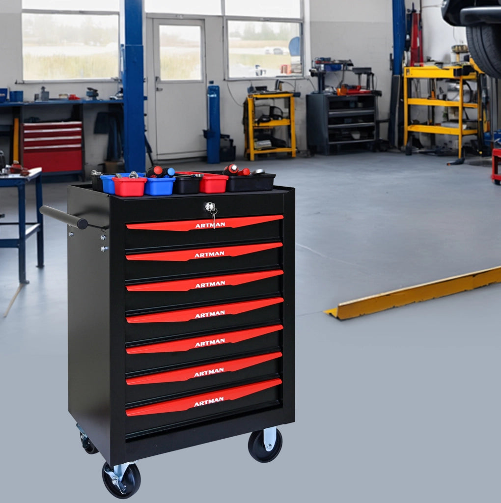Carrello portautensili mobile a 7 cassetti in acciaio nero e rosso con serratura HOMVRA