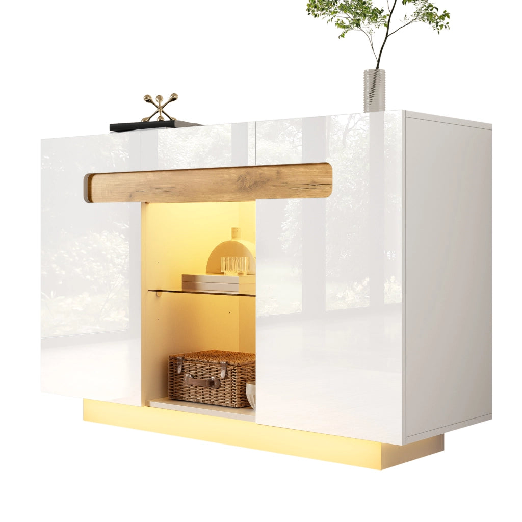 Credenza con 4 vani; 2 ripiani aperti e LED - per soggiorno - 120×40×80 cm - bianco