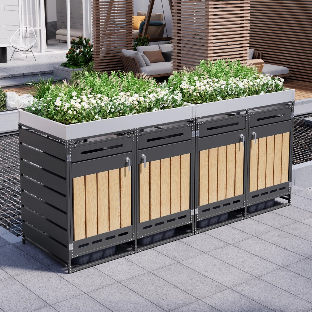 Mobile contenitore da esterno con 4 vani e fioriera integrata con serrature per giardino in ferro 262×79×120 cm nero