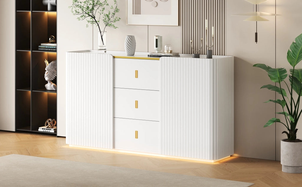 Sideboard Bianco 150x35x80 cm con Illuminazione LED, 2 Ante e 2 Cassetti
