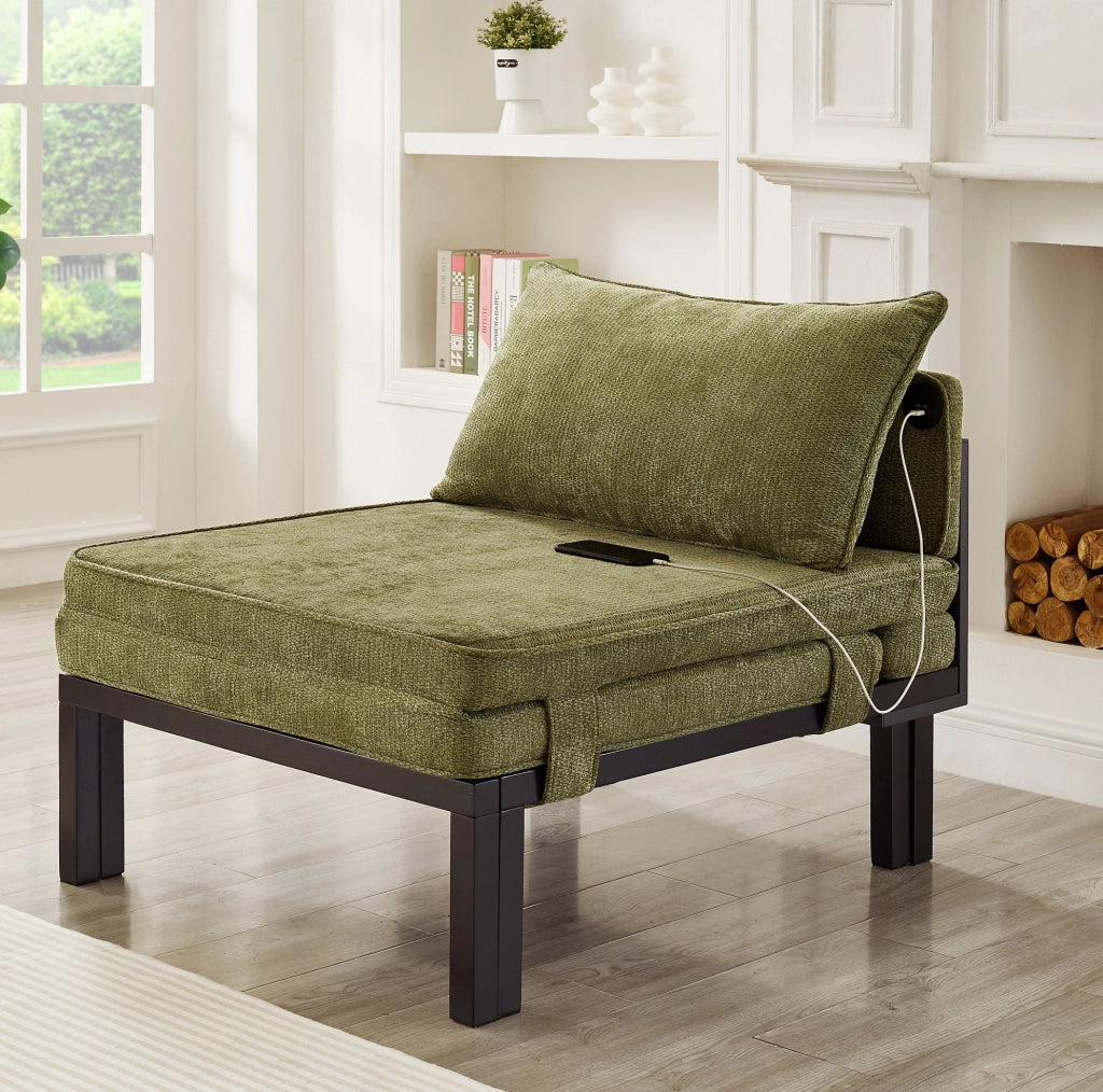 Poltrona letto 2 in 1 100,5x82,5x79 cm verde con porte USB/Type-C, velluto e legno