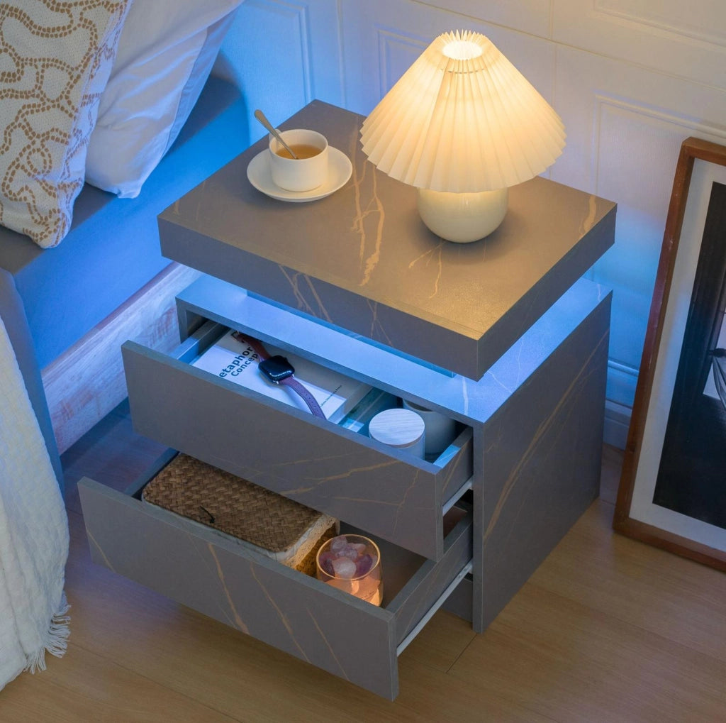 Comodino LED con 2 cassetti grigio e oro