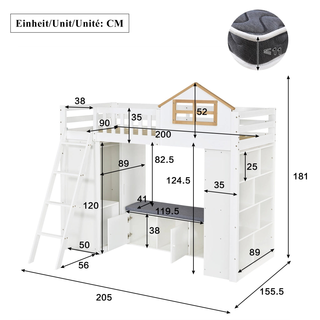 Letto a soppalco per bambini 90 × 200 cm con armadio scaffali panca contenitore in legno bianco e naturale