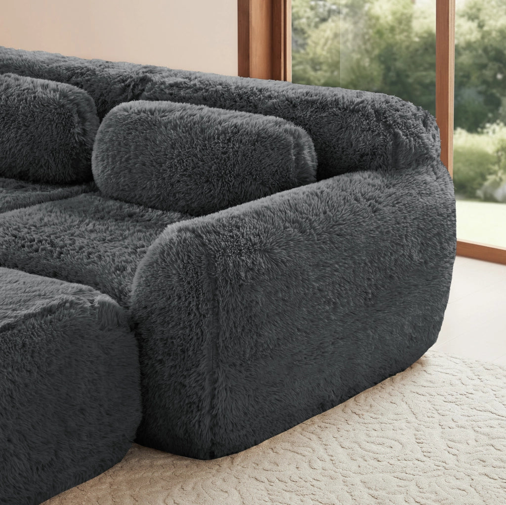 Divano modulare 4 posti in tessuto peluche grigio, configurazione U o L, senza montaggio