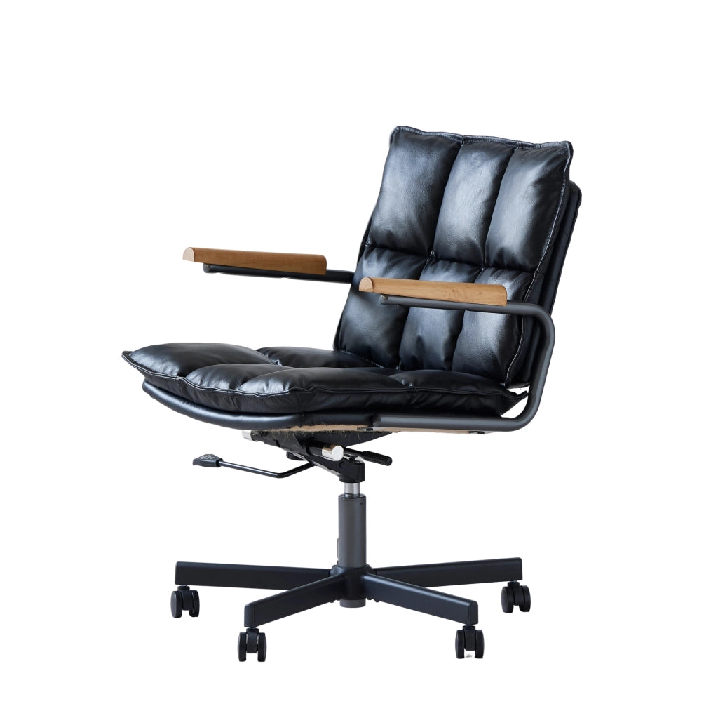 Sedia da ufficio ULEVR in pelle nera con ruote girevoli a 360¡ã, braccioli in legno e base a 5 razze
