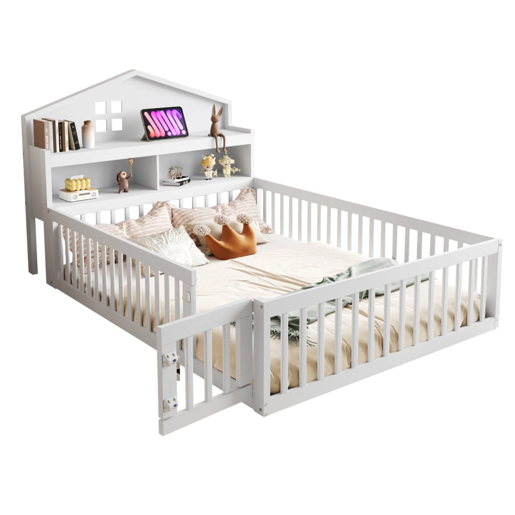 Letto casetta per bambini 140x200 bianco con sponde; scaffali e rete a doghe