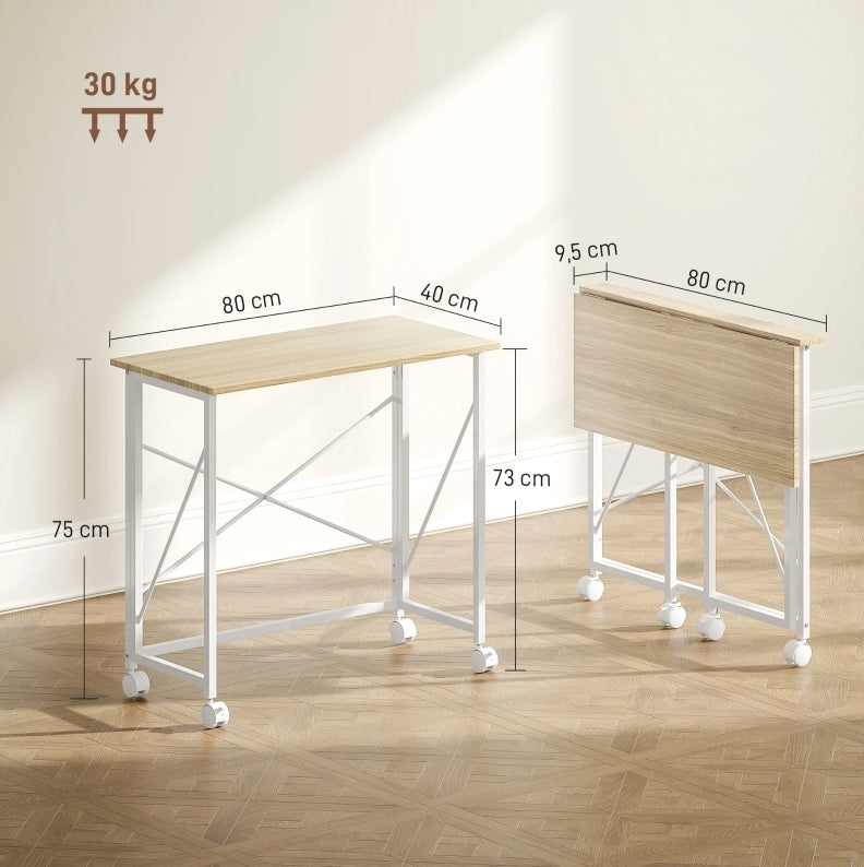 Scrivania pieghevole con ruote in acciaio e MDF, salvaspazio, 80x40x75 cm, color naturale