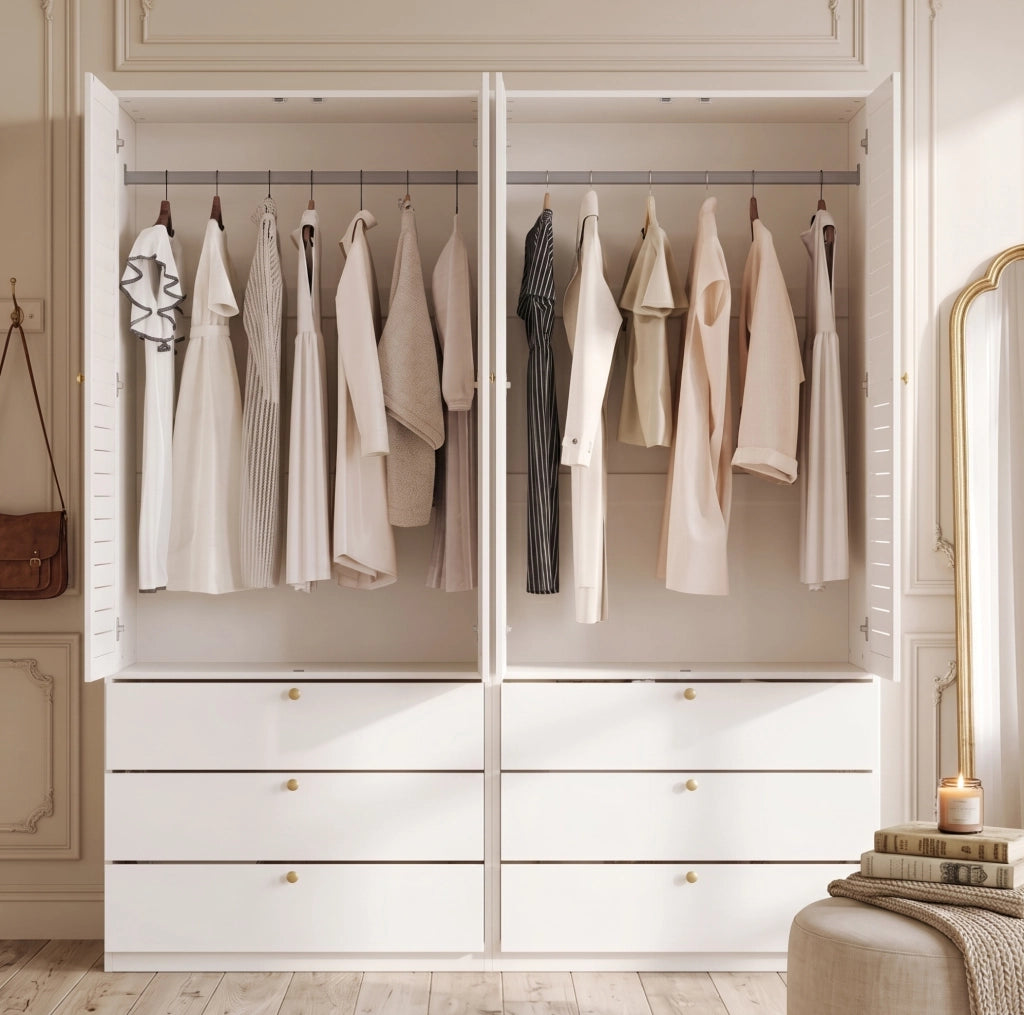 Armadio a 4 Ante con Persiane Bianche 180x50x200 cm con 2 Bastoni Appendiabiti e 6 Cassetti