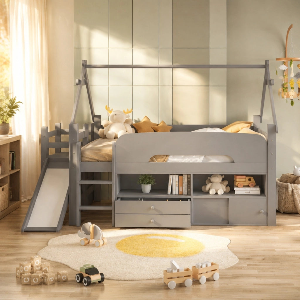 Letto a soppalco per bambini 90x200 cm con scivolo e contenitori grigio