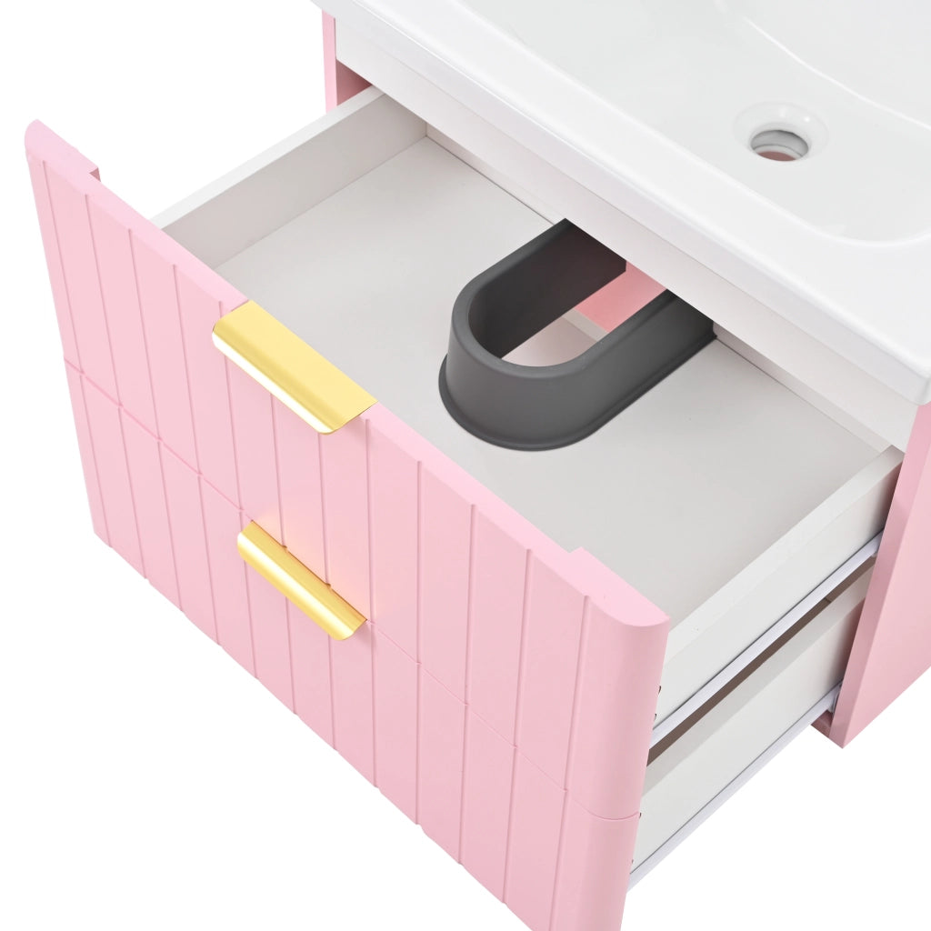 Mobiletto con lavabo in ceramica a due livelli in MDF rosa e bianco con maniglie in metallo 28.3 kg