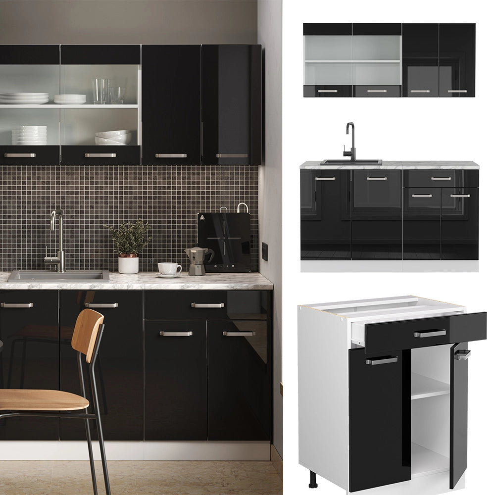 Vicco Cucina monoblocco Nero lucido 140 cm , PL Marmo