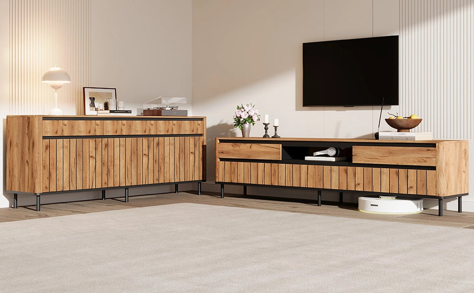 Set soggiorno con credenza 160 x 40 x 73 cm e mobile TV 180 x 40 x 52 cm, finitura naturale con dettagli neri