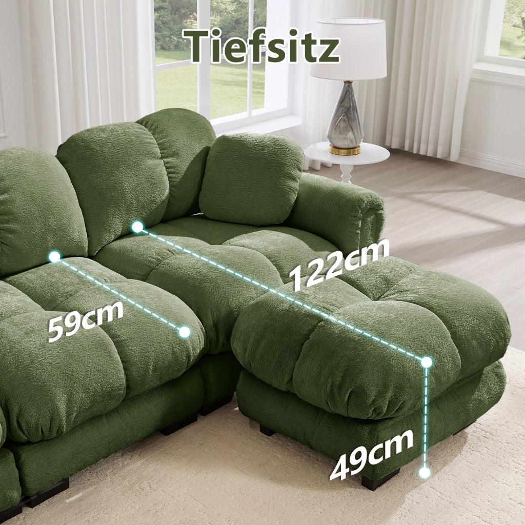 Divano panoramico modulare in ciniglia verde con pouf mobili e cuscini trapuntati 190 × 149 × 90 cm