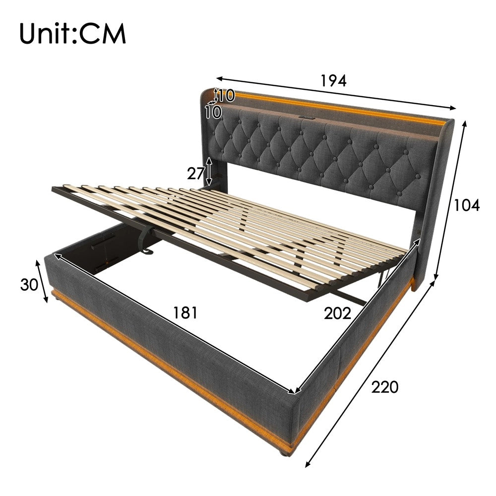 Letto Imbottito Contenitore 180x200 con LED ¨C Xylo ¨C Grigio, Testiera, Idraulico
