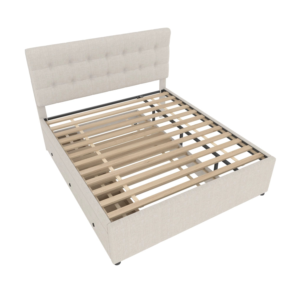 Letto imbottito 140x200 cm con letto estraibile e 3 cassetti in lino beige