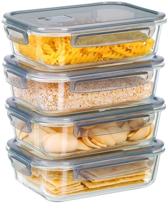 Contenitori in vetro con coperchi 8 pezzi (4 contenitori + 4 coperchi) - Contenitori in vetro per alimenti con coperchi, resistenti a microonde, lavastoviglie e congelatore - Bacinella in vetro, contenitore in vetro