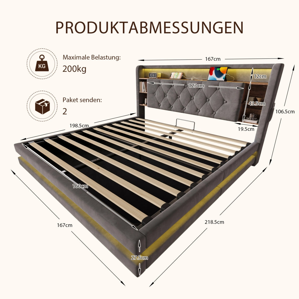 Letto contenitore con testiera multifunzione LED USB e Type-C rivestito in velluto grigio scuro