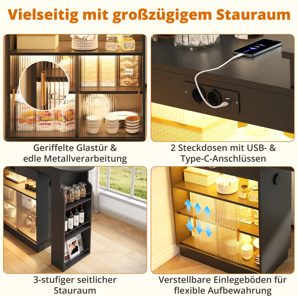 Tavolo bar estraibile con contenitori; LED; prese USB e Type-C 131-170x40x170 cm nero