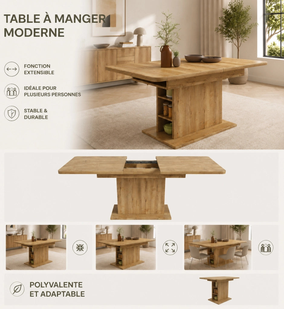 Tavolo da pranzo allungabile in pannelli truciolari e metallo, 110/130x70x75 cm, con spazio contenitivo, design rettangolare moderno color naturale