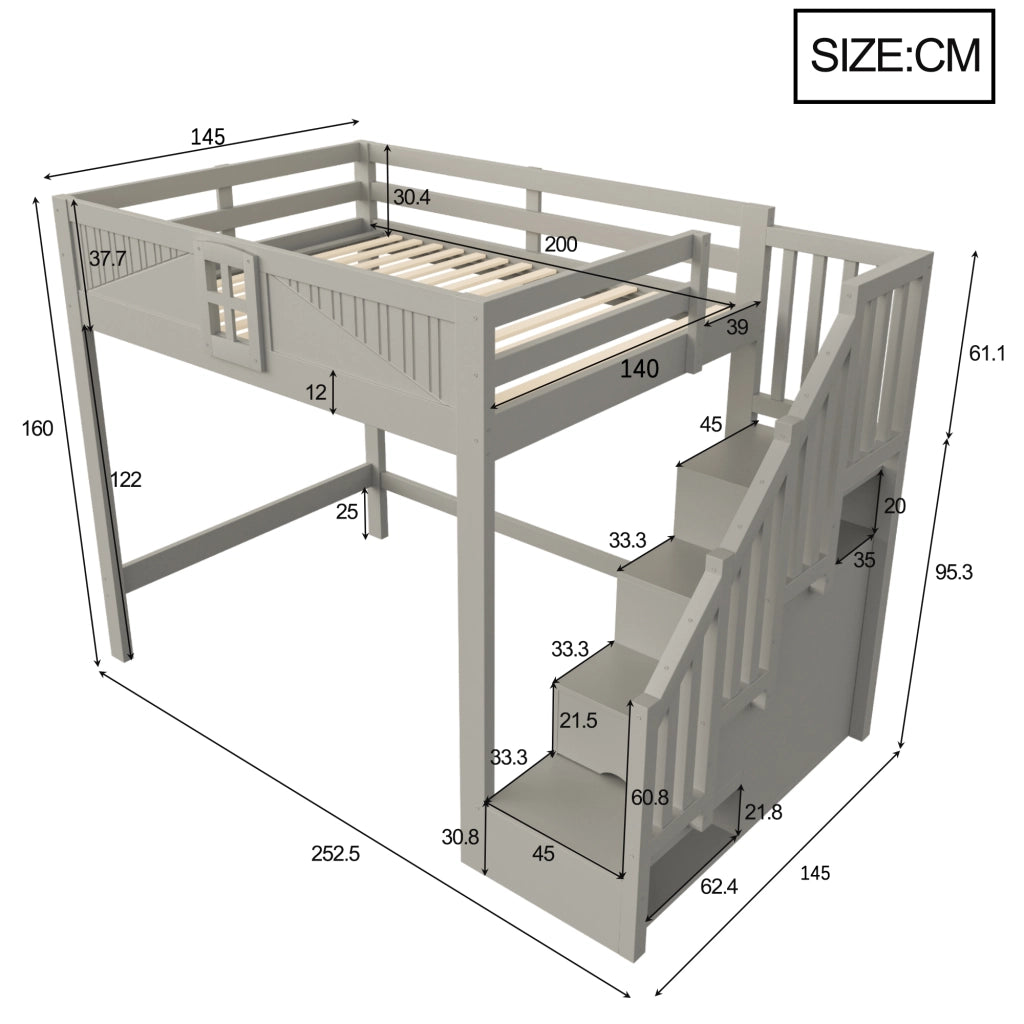Letto a soppalco 140 x 200 cm - letto multifunzione con scaletta contenitore reversibile, contenitori e sponde con finestra - legno/MDF - grigio