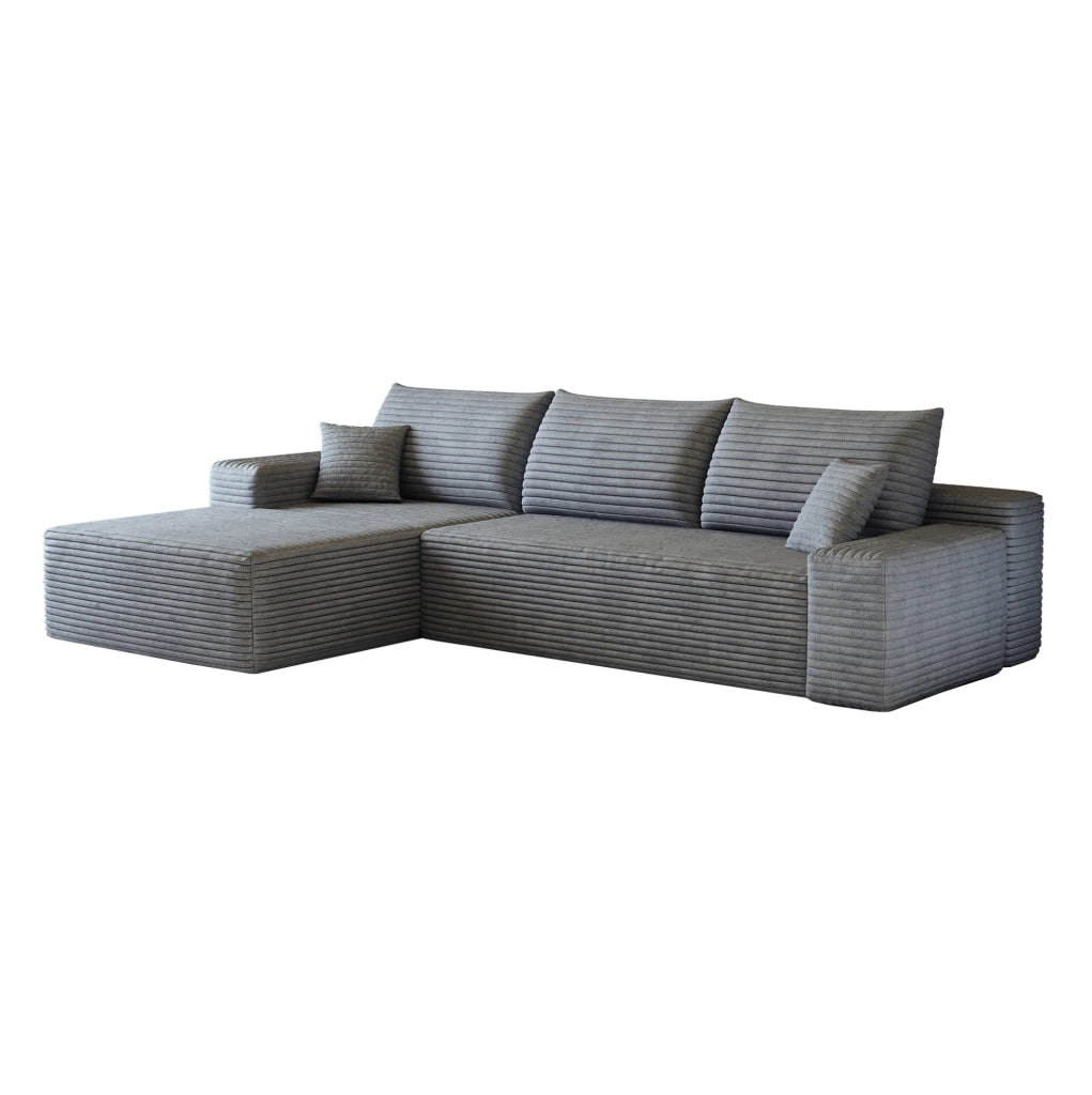 Divano modulare angolare 270 cm con chaise longue a L, tessuto in velluto a coste grigio, senza montaggio richiesto