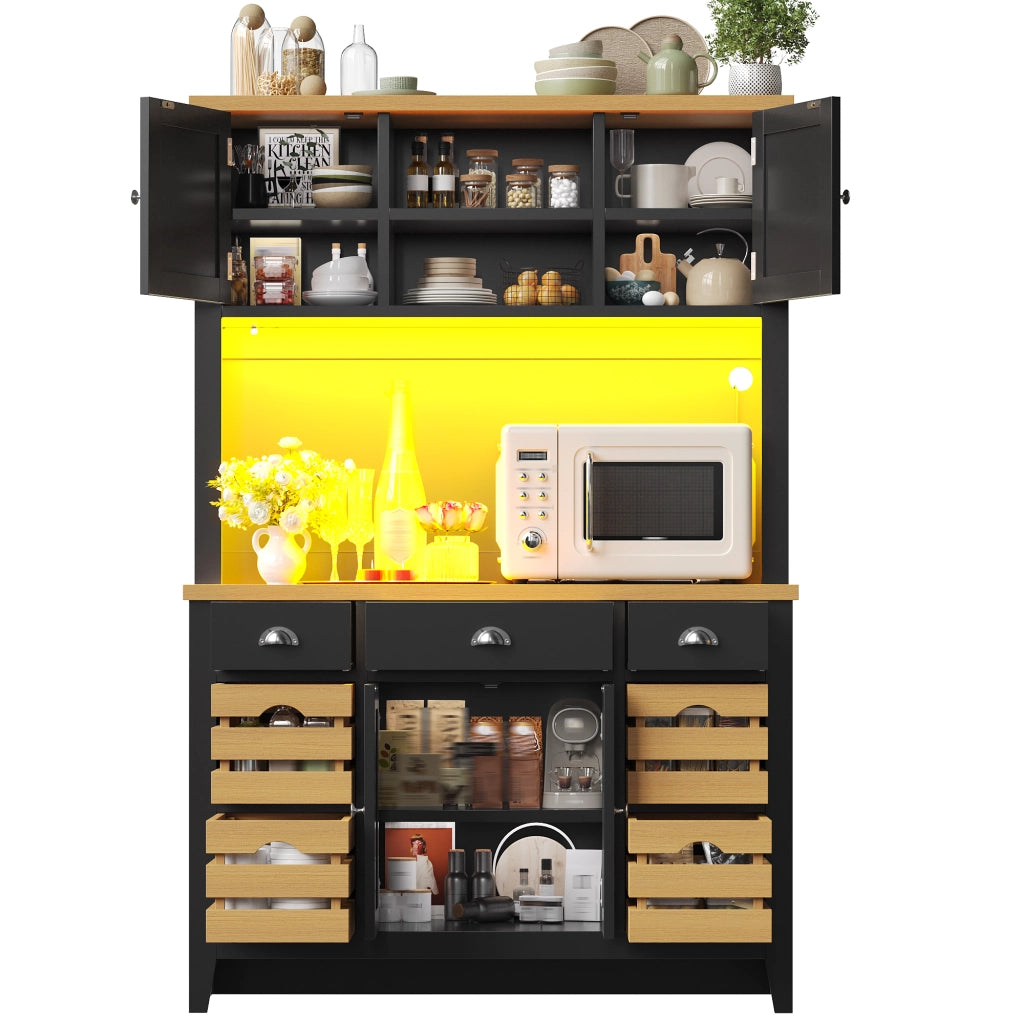 Credenza da cucina alta LED con ripiani regolabili e 4 cestelli, chiusura ammortizzata, nera, 120 × 40 × 188 cm