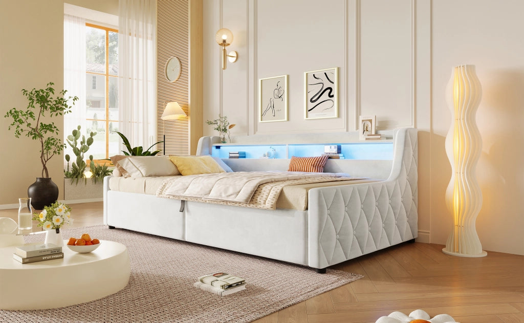 Letto singolo imbottito 90 × 200 cm con vano contenitore LED in velluto bianco sporco senza materasso
