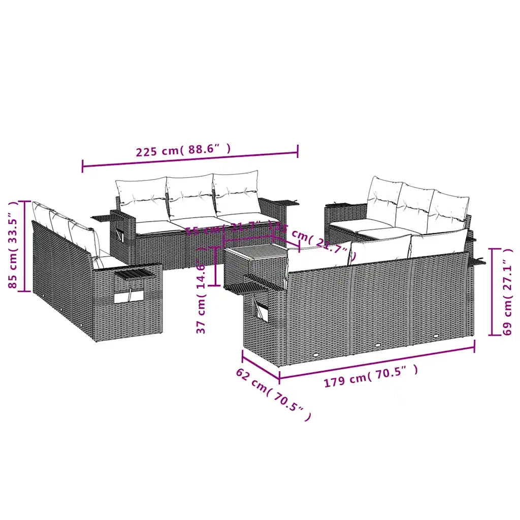Set Divani da Giardino 13 pz con Cuscini Nero in Polyrattan 3224496