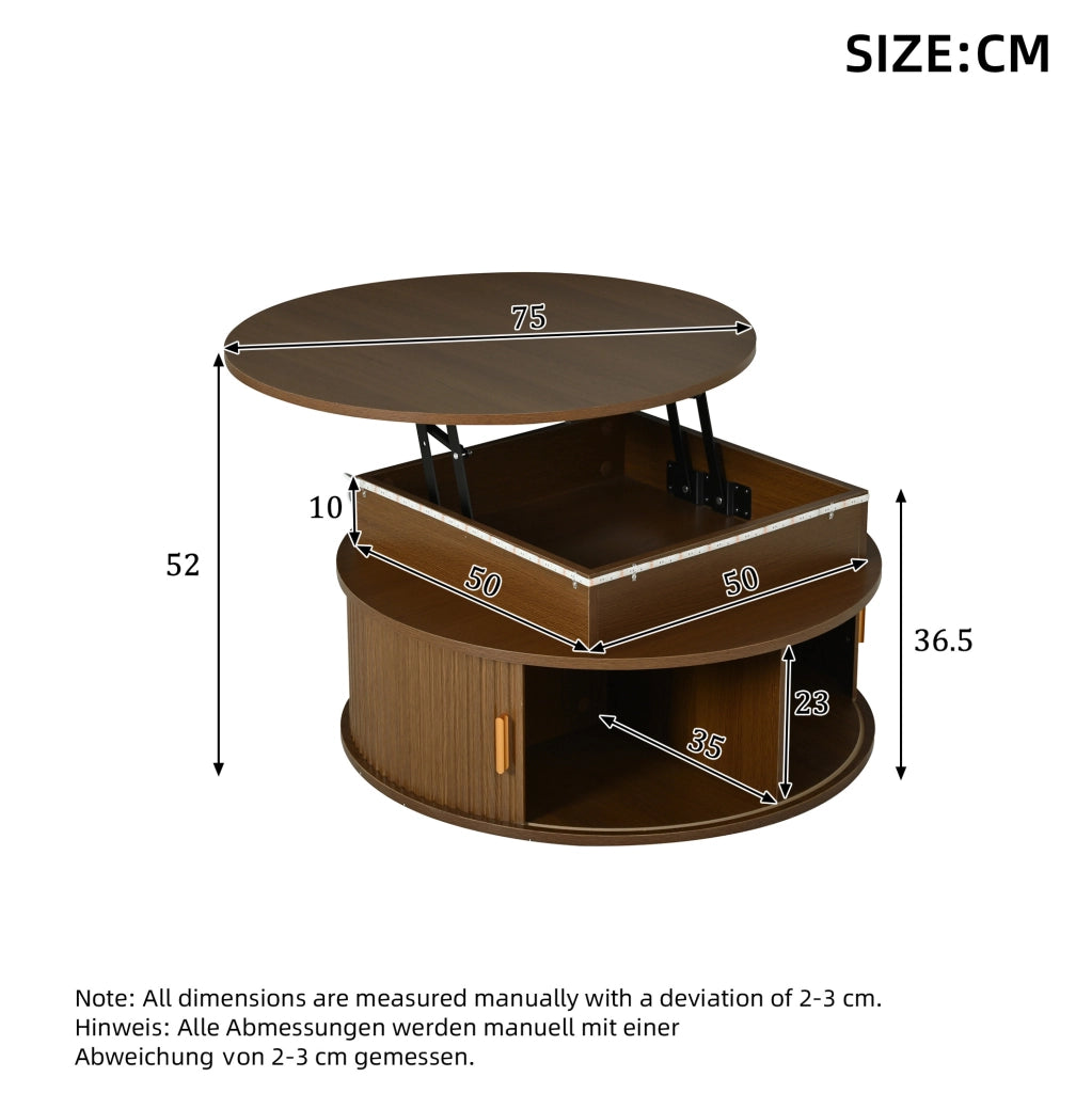 Tavolino rotondo regolabile 75x75x52 cm con LED, vani e porte avvolgibili in MDF noce